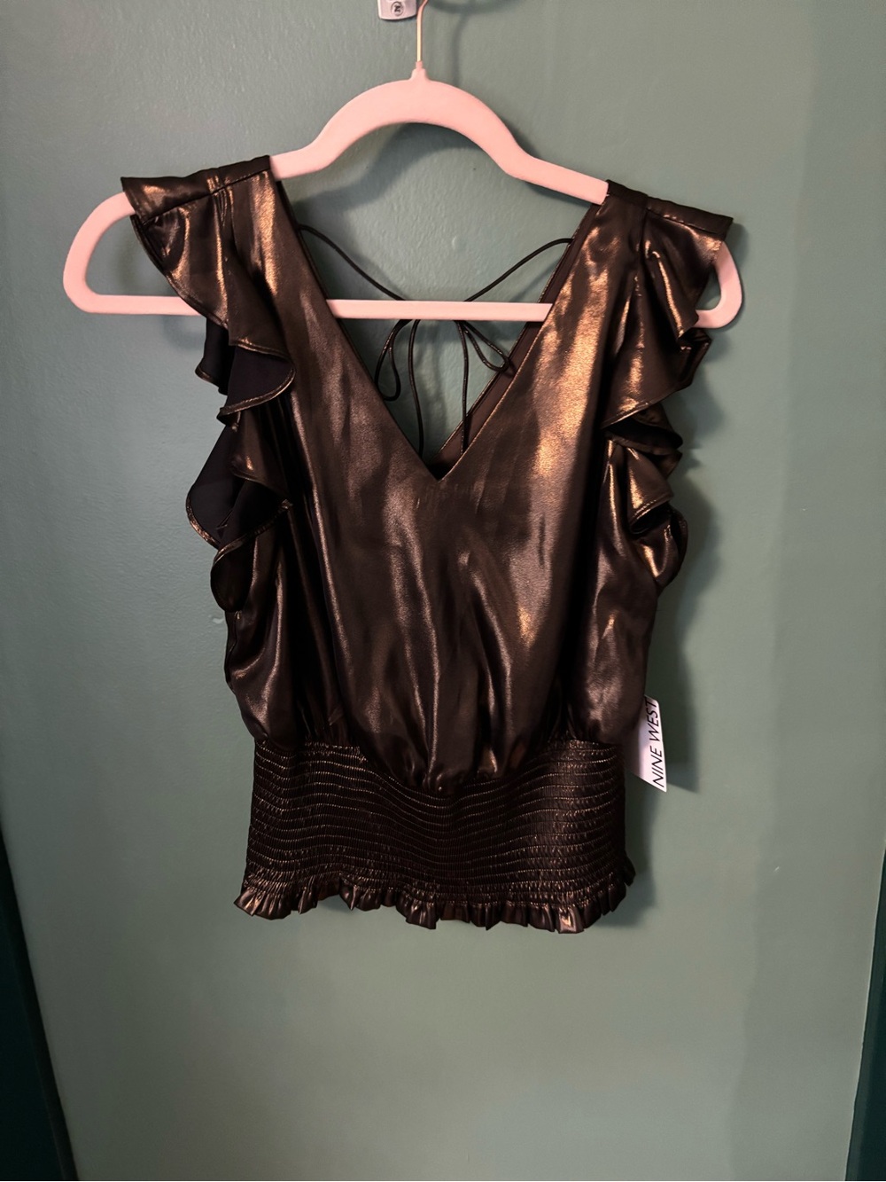 Nine West Black Shiny Ruffle Sleeve V-Neck Blouse